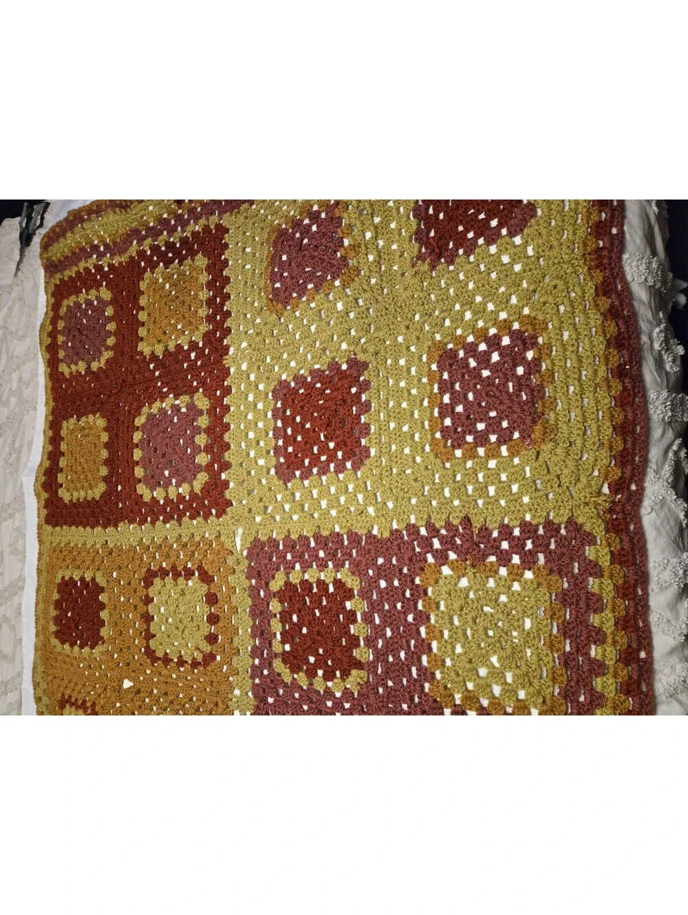 Vtg Handmade Crochet Granny Square Afghan Blanket Mustard Orange Burgundy  Read